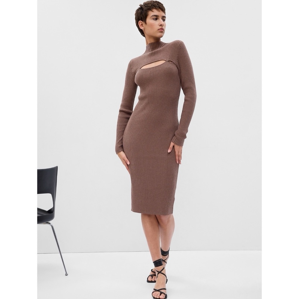 New Gap Mockneck Cutout Ribbed Midi Sweater Fall Dress Cozy Brown Long Sleeve